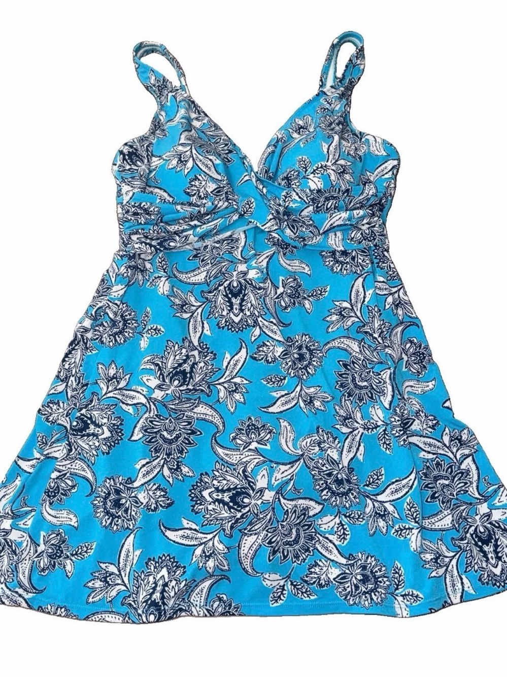 Blue Floral Swim Dress Women’s Large 12/14 Flattering Beach Cruise Vacation